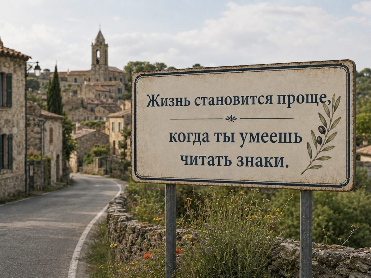 A weathered road sign in a hillside village, lettered in a language you don't read.